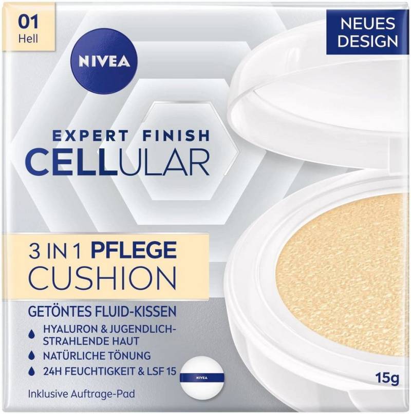 Nivea Foundation Expert Finish Cellular 3in1 Pflege Cushion Fluid Schwamm, mit Hyaluron, Kollagen-Booster, feuchtigkeitsspendende Foundation, - 01 Hell von Nivea
