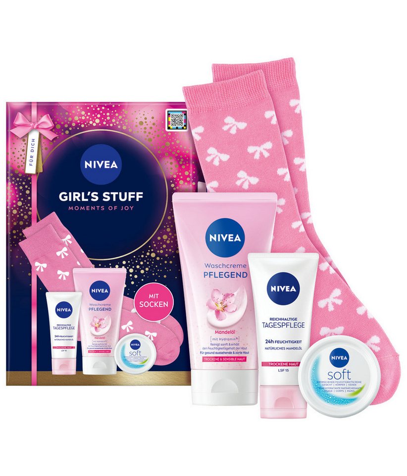 Nivea Hautpflege-Set Girls Stuff 2025 (Skincare Love) Set, 4-tlg., Pflege & Reinigung für Gesicht und Körper von Nivea