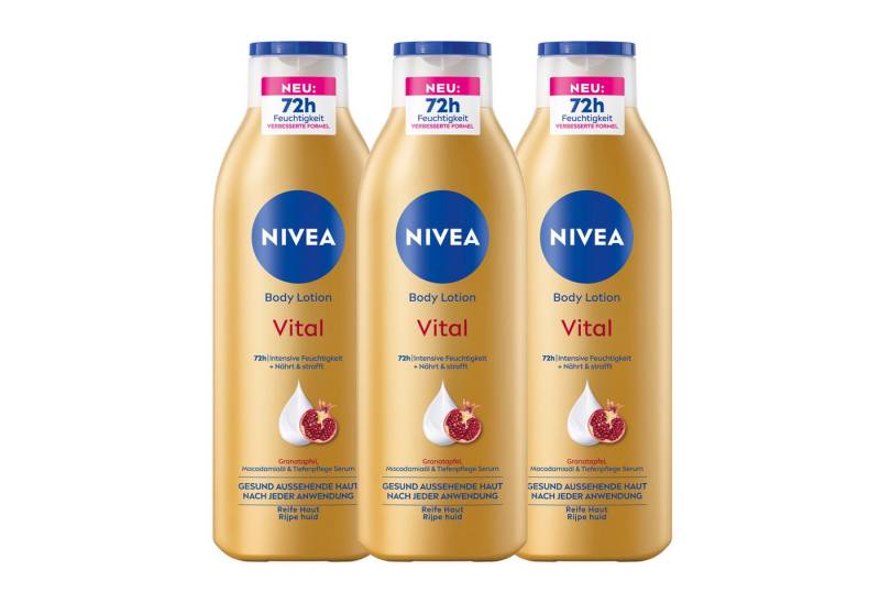 Nivea Körperlotion Vital 3 x 250ml Granatapfel, Macadamiaöl & Tiefenpflege Serum, 3-tlg., Tiefenpflege Serum, Granatapfelextrakt, Macadamiaöl von Nivea