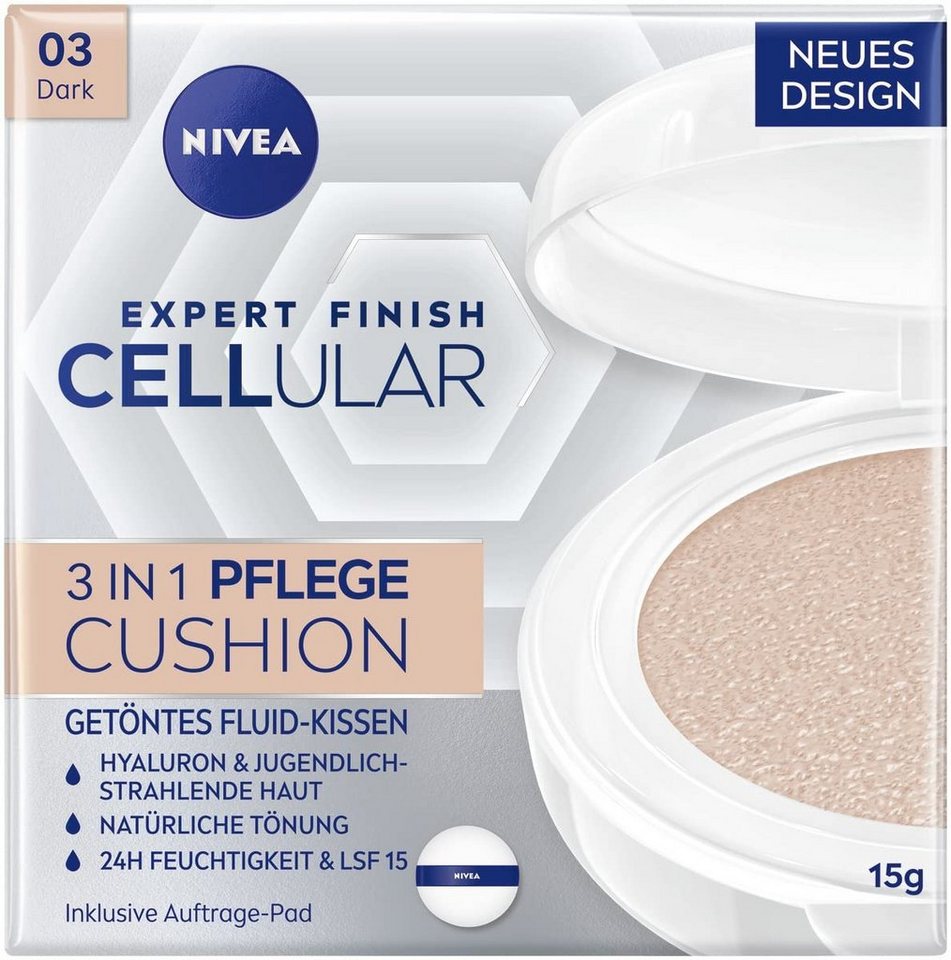 Nivea Make-up Expert Finish Cellular 3in1 Pflege Cushion Fluid Schwamm, mit Hyaluron, Kollagen-Booster, feuchtigkeitsspendende Foundation, - 03 Dunkel von Nivea
