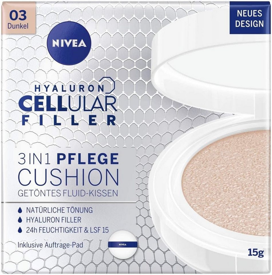 Nivea Make-up Hyaluron Cellular Filler 3in1 Pflege Cushion Fluid Schwamm, Kollagen-Booster, feuchtigkeitsspendende Foundation, - 03 Dunkel von Nivea