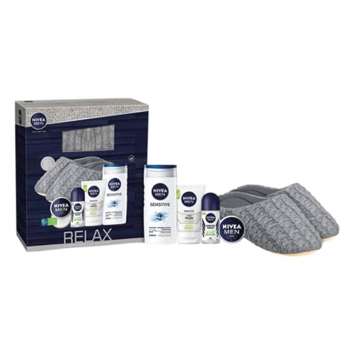 NIVEA Men Geschenkset für Herren Sensitive mit Gesichtscreme 30 ml Duschgel 250 ml Deo Roll On 50 ml Gesichtsreiniger 100 ml mit weichen Herren-Sandalen als Geschenk von Nivea