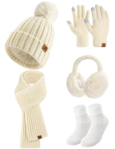 Niwicee 5 Stück Damen Winter Ski Ausflug Set Warmes Verdicktes Fleece Gestrickter Hut Touchscreen Handschuhe Langer Schal Ohrenschützer Winterzubehör GeschenkeOutdoor Winter Strickset-Beige- von Niwicee