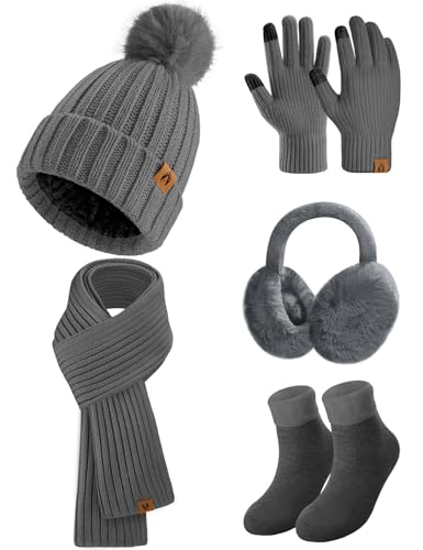 Niwicee 5 Stück Damen Winter Ski Ausflug Set Warmes Verdicktes Fleece Gestrickter Hut Touchscreen Handschuhe Langer Schal Ohrenschützer Winterzubehör GeschenkeOutdoor Winter Strickset-Dunkelgrau Niwicee 5 Stück Damen Winter Ski Ausflug Set Warmes Verdicktes Fleece Gestrickter Hut Touchscreen Handschuhe Langer Schal Ohrenschützer Winterzubehör GeschenkeOutdoor Winter Strickset-Dunkelgrau von Niwicee