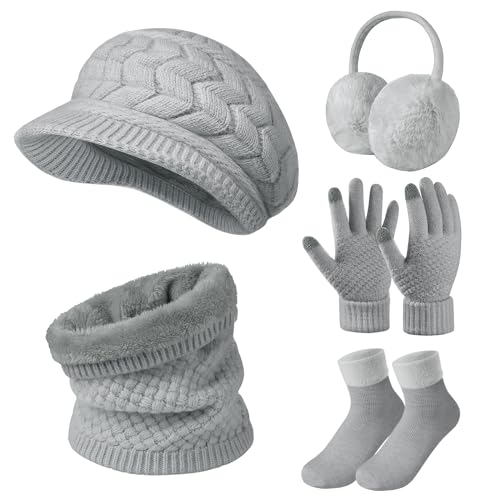 Niwicee 5 Stück Damen Winter Ski Ausflug Set Warmes Verdicktes Fleece Gestrickter Hut Touchscreen Handschuhe Langer Schal Ohrenschützer Winterzubehör GeschenkeOutdoor Winter Strickset-Grau- von Niwicee