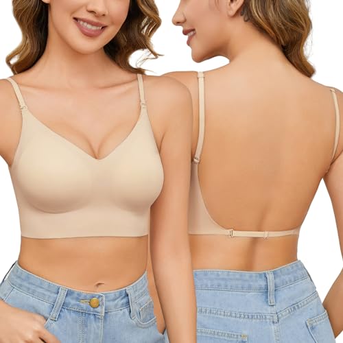 Niwicee BH Damen Ohne Bügel BH Rückenfrei Für Frauen, Wandelbaren Trägern Convertible, Herausnehmbare Einlagen, Soft BH Zero Feel Bralette Täglicher BH-Beige-S von Niwicee