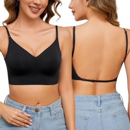 Niwicee BH Damen Ohne Bügel BH Rückenfrei Für Frauen, Wandelbaren Trägern Convertible, Herausnehmbare Einlagen, Soft BH Zero Feel Bralette Täglicher BH-Schwarz-S von Niwicee