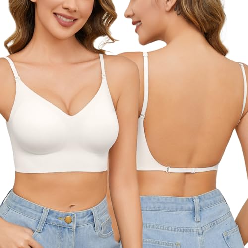 Niwicee BH Damen Ohne Bügel BH Rückenfrei Für Frauen, Wandelbaren Trägern Convertible, Herausnehmbare Einlagen, Soft BH Zero Feel Bralette Täglicher BH-Weiß-S von Niwicee