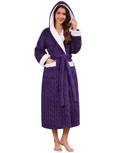Niwicee Bademantel Damen Flauschig mit Kapuze Langer Winter Bademantel Warme Kuschelig Baumwolle Hausmantel Fleece Frottee Morgenmantel (Lila, M) von Niwicee