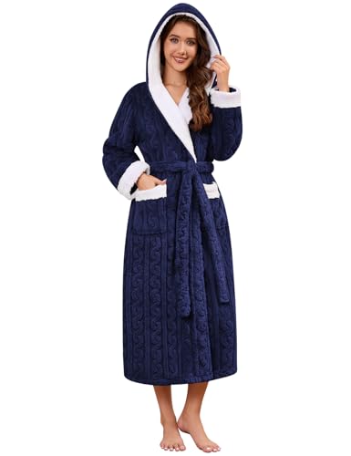 Niwicee Bademantel Damen Flauschig mit Kapuze Langer Winter Bademantel Warme Kuschelig Baumwolle Hausmantel Fleece Frottee Morgenmantel (Marineblau, L) von Niwicee