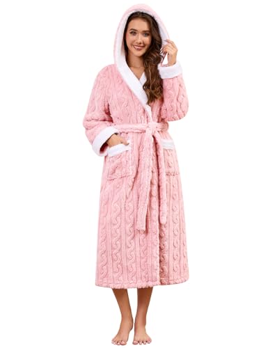 Niwicee Bademantel Damen Flauschig mit Kapuze Langer Winter Bademantel Warme Kuschelig Baumwolle Hausmantel Fleece Frottee Morgenmantel (Rosa, L) von Niwicee