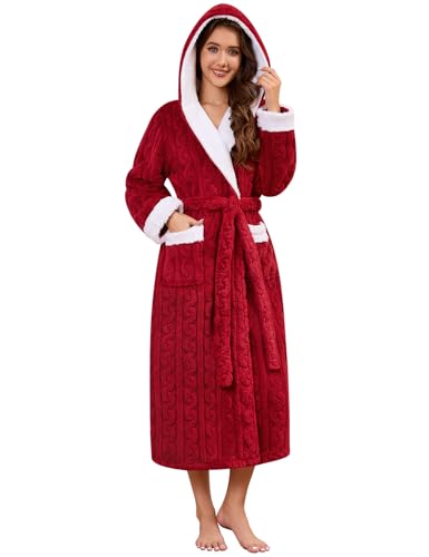 Niwicee Bademantel Damen Flauschig mit Kapuze Langer Winter Bademantel Warme Kuschelig Baumwolle Hausmantel Fleece Frottee Morgenmantel (Rot, M) von Niwicee