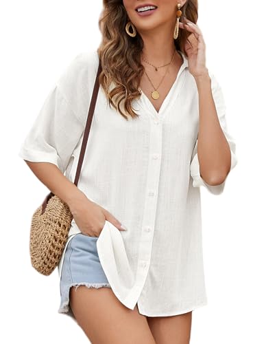 Niwicee Bluse Damen Lässiges Hemd mit V-Ausschnitt Leinenhemd Lockere Passform Solide Oberteil Elegant-Weiß-S Niwicee Bluse Damen Lässiges Hemd mit V-Ausschnitt Leinenhemd Lockere Passform Solide Oberteil Elegant-Weiß-S von Niwicee