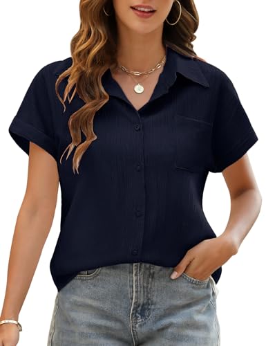 Niwicee Bluse Damen Sommer Blusenshirt Solide Kurze Ärmel Collared Elegant Oberteile mit Tasche Musselin T-Shirt Casual Lässige Oberteile Knöpfen (Marineblau, XL) von Niwicee