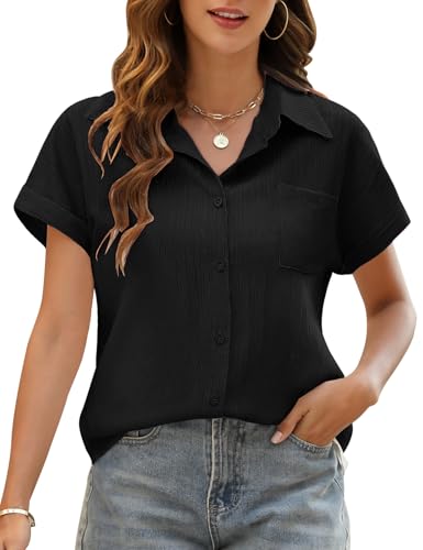 Niwicee Damen Bluse Kurzarm - Elegante V-Ausschnitt Hemdbluse mit Button-Down & Brusttasche - Leichtes Musselin Oberteil als Tunika oder Sommer Top (Schwarz,M) von Niwicee