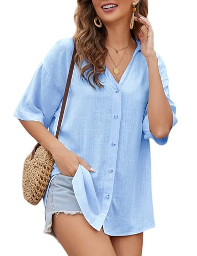 Niwicee Bluse Damen Sommer Leinenhemd Musselin Elegant T-Shirt Oberteile Mit Knopfleiste Langarm Reverskragen Leinen Casual V-Ausschnitt Tops-Blau-M von Niwicee