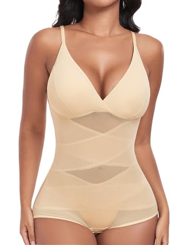 Niwicee Body Damen Shaping Body Thong Sculpting Korsett Bauchweg Tank Top Jumpsuit Figurformender Body Shaper Mit Verstellbare Träger-Beige-M von Niwicee