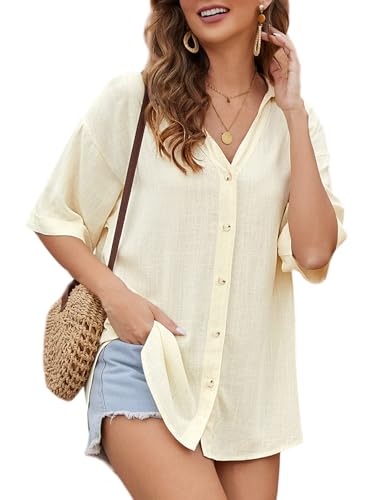 Niwicee Damen Bluse Elegant V-Ausschnitt Hemd Langarm Casual Arbeit Einfarbig Button Down Lose Langarmshirt Oberteile Tops-Farbe Gelb-XL von Niwicee