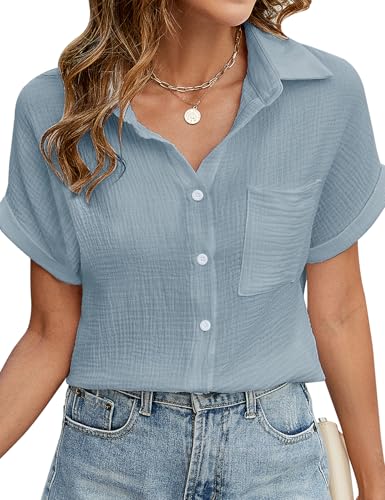 Niwicee Damen Bluse Kurzarm aus 100% Baumwolle - Elegante V-Ausschnitt Hemdbluse mit Button-Down & Brusttasche - Leichtes Musselin Oberteil als Tunika oder Sommer Top(Blau,M) von Niwicee