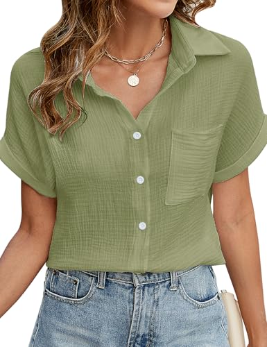 Niwicee Damen Bluse Kurzarm aus 100% Baumwolle - Elegante V-Ausschnitt Hemdbluse mit Button-Down & Brusttasche - Leichtes Musselin Oberteil als Tunika oder Sommer Top(Grün,XXL) von Niwicee