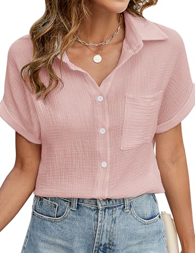 Niwicee Damen Bluse Kurzarm aus 100% Baumwolle - Elegante V-Ausschnitt Hemdbluse mit Button-Down & Brusttasche - Leichtes Musselin Oberteil als Tunika oder Sommer Top(Rosa,M) von Niwicee