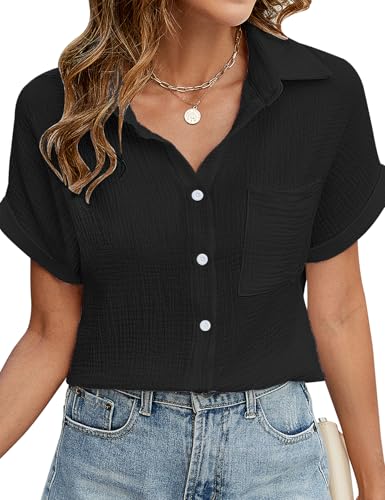 Niwicee Damen Bluse Kurzarm aus 100% Baumwolle - Elegante V-Ausschnitt Hemdbluse mit Button-Down & Brusttasche - Leichtes Musselin Oberteil als Tunika oder Sommer Top(Schwarz,M) von Niwicee
