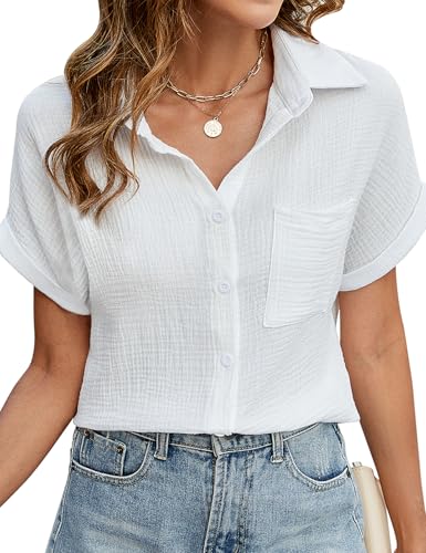 Niwicee Damen Bluse Kurzarm aus 100% Baumwolle - Elegante V-Ausschnitt Hemdbluse mit Button-Down & Brusttasche - Leichtes Musselin Oberteil als Tunika oder Sommer Top(Weiß,XXL) von Niwicee