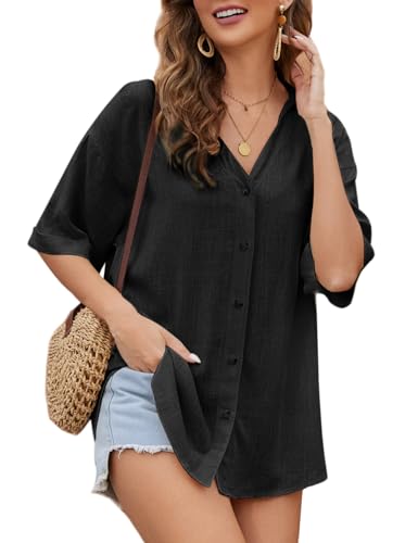 Niwicee Damen Bluse Langarm Hemden Casual V-Ausschnitt Roll Up Ärmel Button Down Blusen Tops-Schwarz-XXL von Niwicee