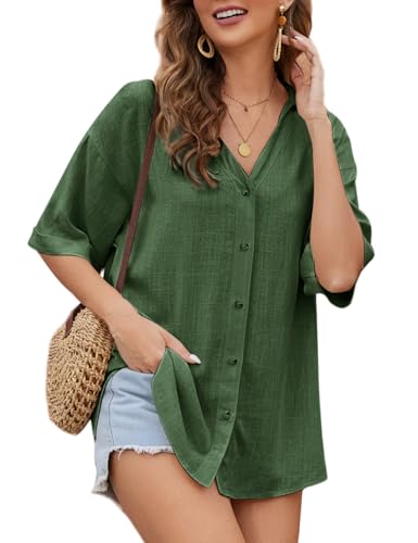 Niwicee Damen Bluse V-Ausschnitt 3/4 Ärmel Lässiges Hemd zum Knöpfen Langarmshirt Casual Oberteile Tops-Grün-S von Niwicee