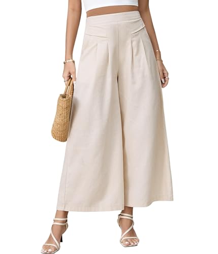 Niwicee Hose Damen Leinenhose Sommer Cropped Freizeithose Weites Bein Hosen Leicht Elegant Baumwolle Bequeme Palazzo Lässig Hose Elastische Taille Sommerhose Stoffhose mit Taschen-Beige-M von Niwicee