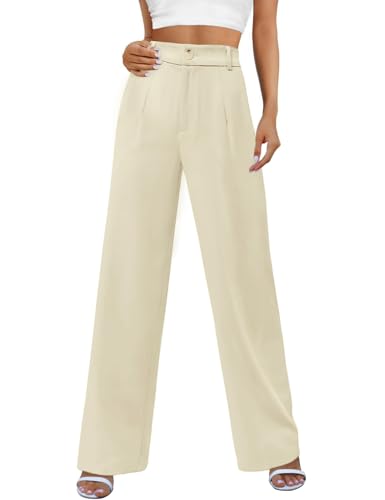 Niwicee Damen Hose Mit Weitem Bein Weiße Hose Damen Kausale Büro Business Hosen Palazzo Hose Hohe Taille Dehnbar Lounge Elegante Hose Mit Taschen-Beige-S von Niwicee