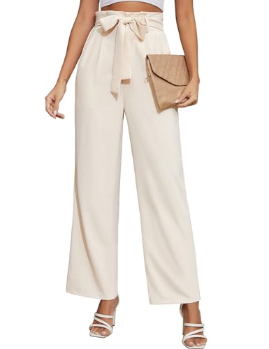 Niwicee Damen Hose Mit Weitem Bein Weiße Hose Leichte Elastische Taille Sommer Hose Mit Taschen Kausale Arbeit Hose-Beige-S von Niwicee