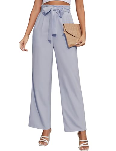 Niwicee Damen Hose Mit Weitem Bein Weiße Hose Leichte Elastische Taille Sommer Hose Mit Taschen Kausale Arbeit Hose-Blau-L von Niwicee