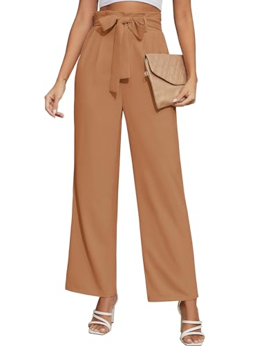 Niwicee Damen Hose Mit Weitem Bein Weiße Hose Leichte Elastische Taille Sommer Hose Mit Taschen Kausale Arbeit Hose-Khaki-XL von Niwicee