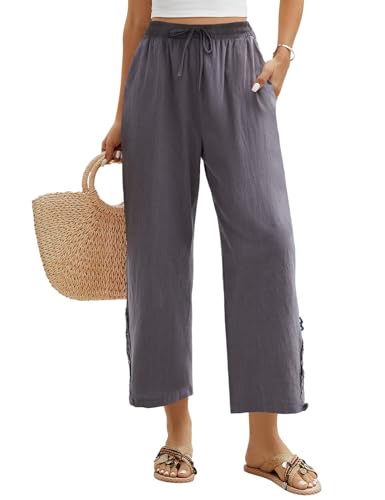 Niwicee Damen Hose Sommer 7/8 Weiße Hose Sommerhose Damen Leicht Elegant Baumwolle Stoffhose Lockere Ausgehöhlt Hohe Taille Hosen Freizeithose Strandhose mit Tunnelzug und Taschen(Grau,XXL) von Niwicee