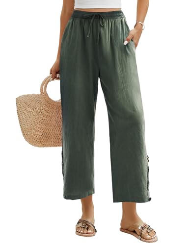 Niwicee Damen Hose Sommer 7/8 Weiße Hose Sommerhose Damen Leicht Elegant Baumwolle Stoffhose Lockere Ausgehöhlt Hohe Taille Hosen Freizeithose Strandhose mit Tunnelzug und Taschen(Grün,XXL) von Niwicee