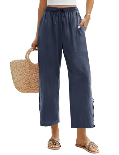 Niwicee Damen Hose Sommer 7/8 Weiße Hose Sommerhose Damen Leicht Elegant Baumwolle Stoffhose Lockere Ausgehöhlt Hohe Taille Hosen Freizeithose Strandhose mit Tunnelzug und Taschen(Marineblau,M) von Niwicee