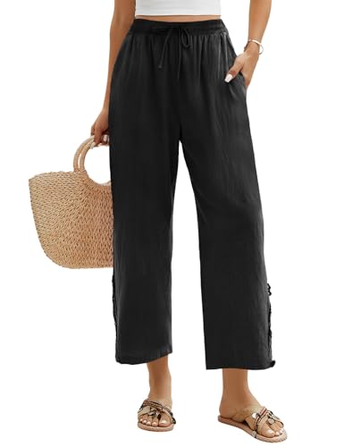 Niwicee Damen Hose Sommer 7/8 Weiße Hose Sommerhose Damen Leicht Elegant Baumwolle Stoffhose Lockere Ausgehöhlt Hohe Taille Hosen Freizeithose Strandhose mit Tunnelzug und Taschen(Schwarz,S) von Niwicee
