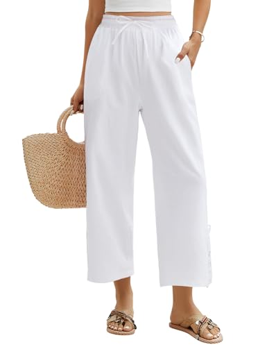 Niwicee Damen Hose Sommer 7/8 Weiße Hose Sommerhose Damen Leicht Elegant Baumwolle Stoffhose Lockere Ausgehöhlt Hohe Taille Hosen Freizeithose Strandhose mit Tunnelzug und Taschen(Weiß,M) von Niwicee