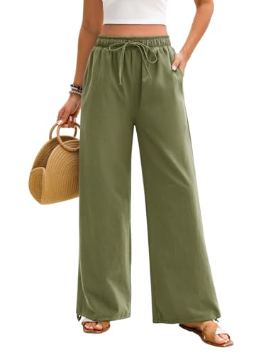 Niwicee Damen Musselin Sommer Hose 100% Baumwolle Strandhose High Waist Geradem Lose Casual Sommerhose mit Kordelzug Taschen Elastisch Hohe Taille Freizeithose Strandhose Lang Leichte (Grün, M) von Niwicee
