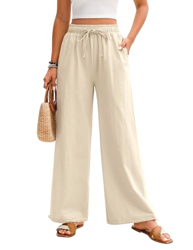 Niwicee Damen Musselin Sommer Hose 100% Baumwolle Strandhose High Waist Geradem Lose Casual Sommerhose mit Kordelzug Taschen Elastisch Hohe Taille Freizeithose Strandhose Lang Leichte (Khaki, S) von Niwicee