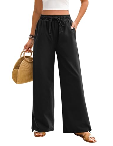 Niwicee Damen Musselin Sommer Hose 100% Baumwolle Strandhose High Waist Geradem Lose Casual Sommerhose mit Kordelzug Taschen Elastisch Hohe Taille Freizeithose Strandhose Lang Leichte (Schwarz, S) von Niwicee