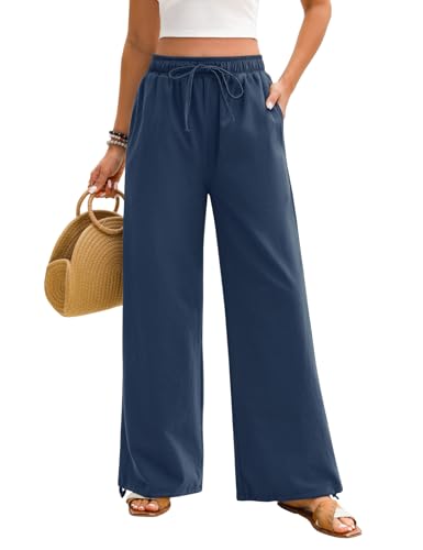 Niwicee Damen Musselin Sommer Hose 100% Baumwolle Strandhose High Waist Geradem Lose Casual Sommerhose mit Kordelzug Taschen Elastisch Hohe Taille Freizeithose Strandhose Lang Leichte (Marineblau,M) von Niwicee