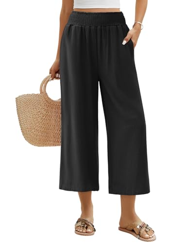 Niwicee Leinenhose Damen Sommer 3/4 Culotte Leichte Weite Leinenhose Sommerhose Elastische High Waist Loose Freizeithose Elegante Lounge Hosen mit Taschen(Schwarz, S) von Niwicee