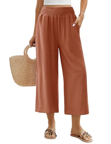 Niwicee Leinenhose Damen Sommer 3/4 Culotte Leichte Weite Leinenhose Sommerhose Elastische High Waist Loose Freizeithose Elegante Lounge Hosen mit Taschen (Ziegelrot, XXL) von Niwicee