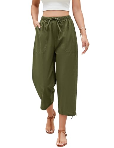 Niwicee Damen Leinenhose Sommerhose 3/4 Damenhosen High Waist Freizeithose Leichte mit Taschen Elastischer Bund Verstellbarer Hosenkordelzug Kordelzug (Armeegrün, M) von Niwicee