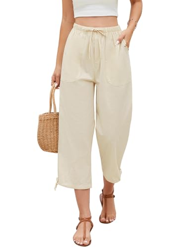 Niwicee Damen Leinenhose Sommerhose 3/4 Damenhosen High Waist Freizeithose Leichte mit Taschen Elastischer Bund Verstellbarer Hosenkordelzug Kordelzug (Beige, M) von Niwicee