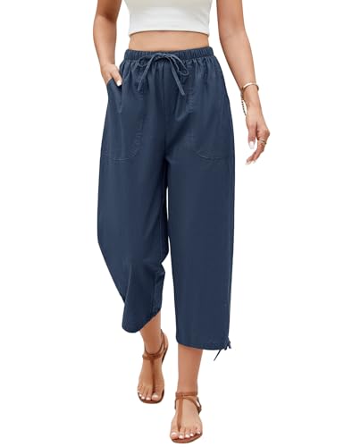 Niwicee Damen Leinenhose Sommerhose 3/4 Damenhosen High Waist Freizeithose Leichte mit Taschen Elastischer Bund Verstellbarer Hosenkordelzug Kordelzug (Marineblau, M) von Niwicee