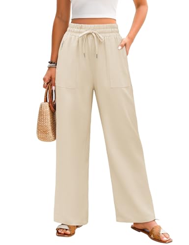 Niwicee Leinenhose Damen Sommer Hohe Taille Leichte Palazzo Hose | Atmungsaktiv & Elastisch Baumwolle-Leinen Weites Bein Freizeithose mit Taschen für Strand, Urlaub und Alltag(Beige,L) von Niwicee