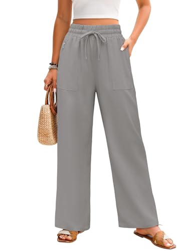Niwicee Leinenhose Damen Sommer Hohe Taille Leichte Palazzo Hose | Atmungsaktiv & Elastisch Baumwolle-Leinen Weites Bein Freizeithose mit Taschen für Strand, Urlaub und Alltag(Grau,L) von Niwicee